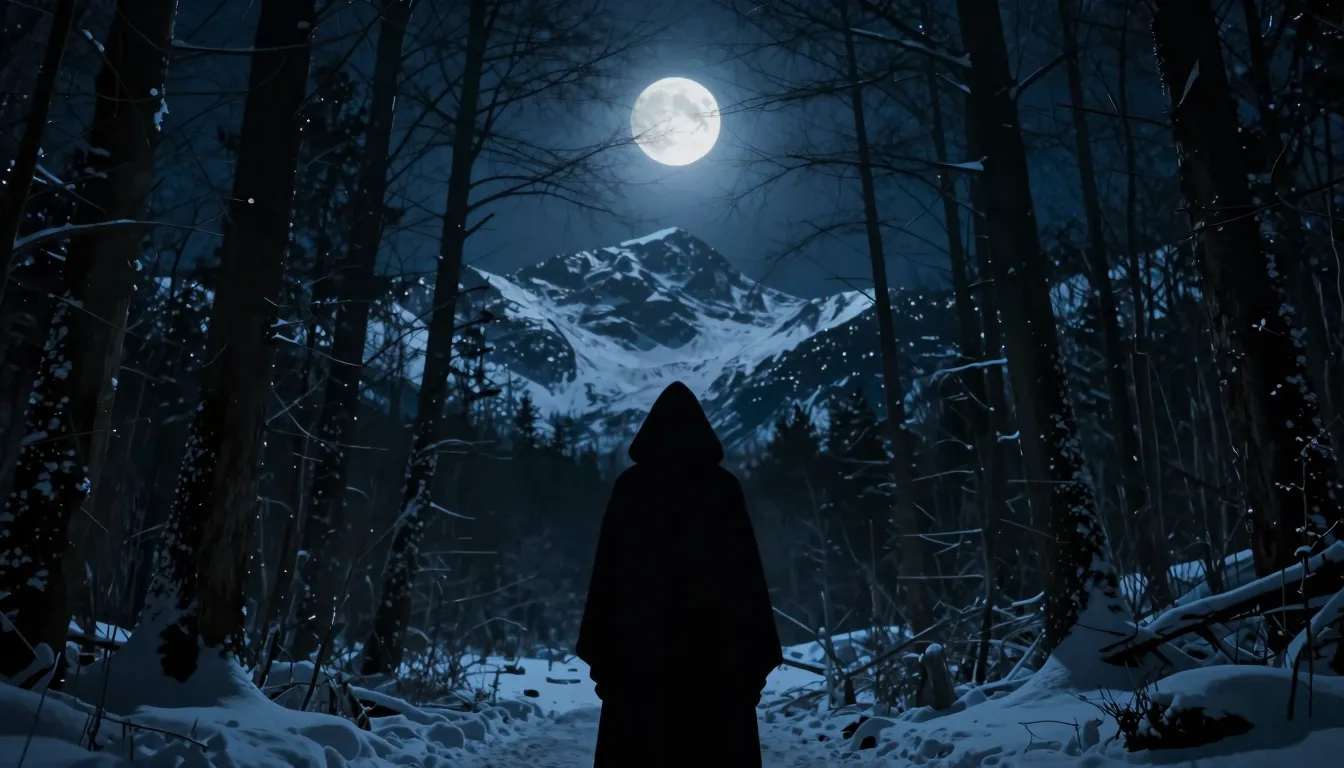 Melodic black metal aesthetic, cold blue moonlight over a da...