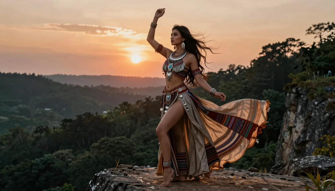 A powerful woman with a magical aura standing on a high clif...