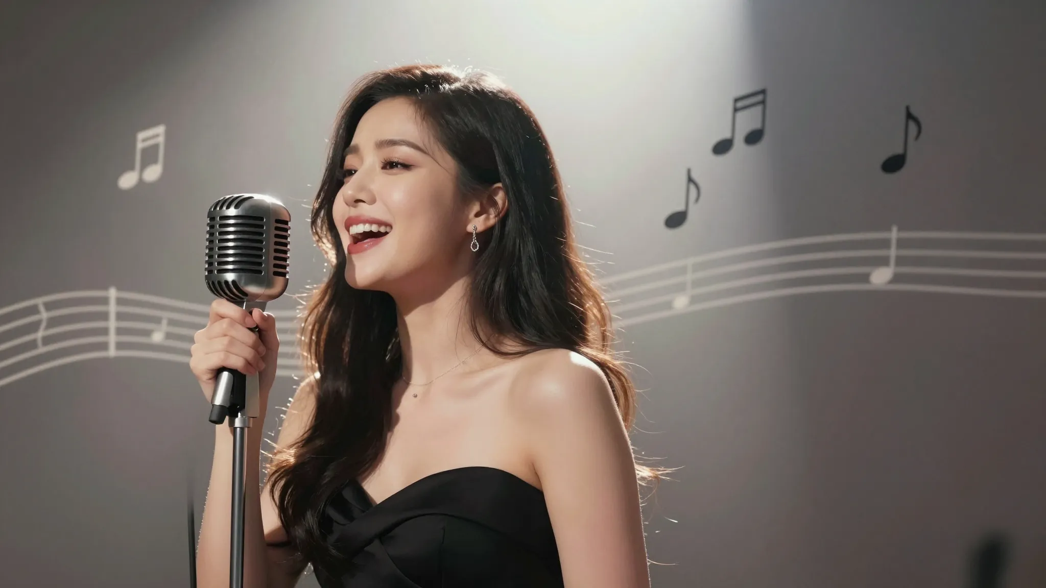 A beautiful woman singing with passion, holding a vintage mi...