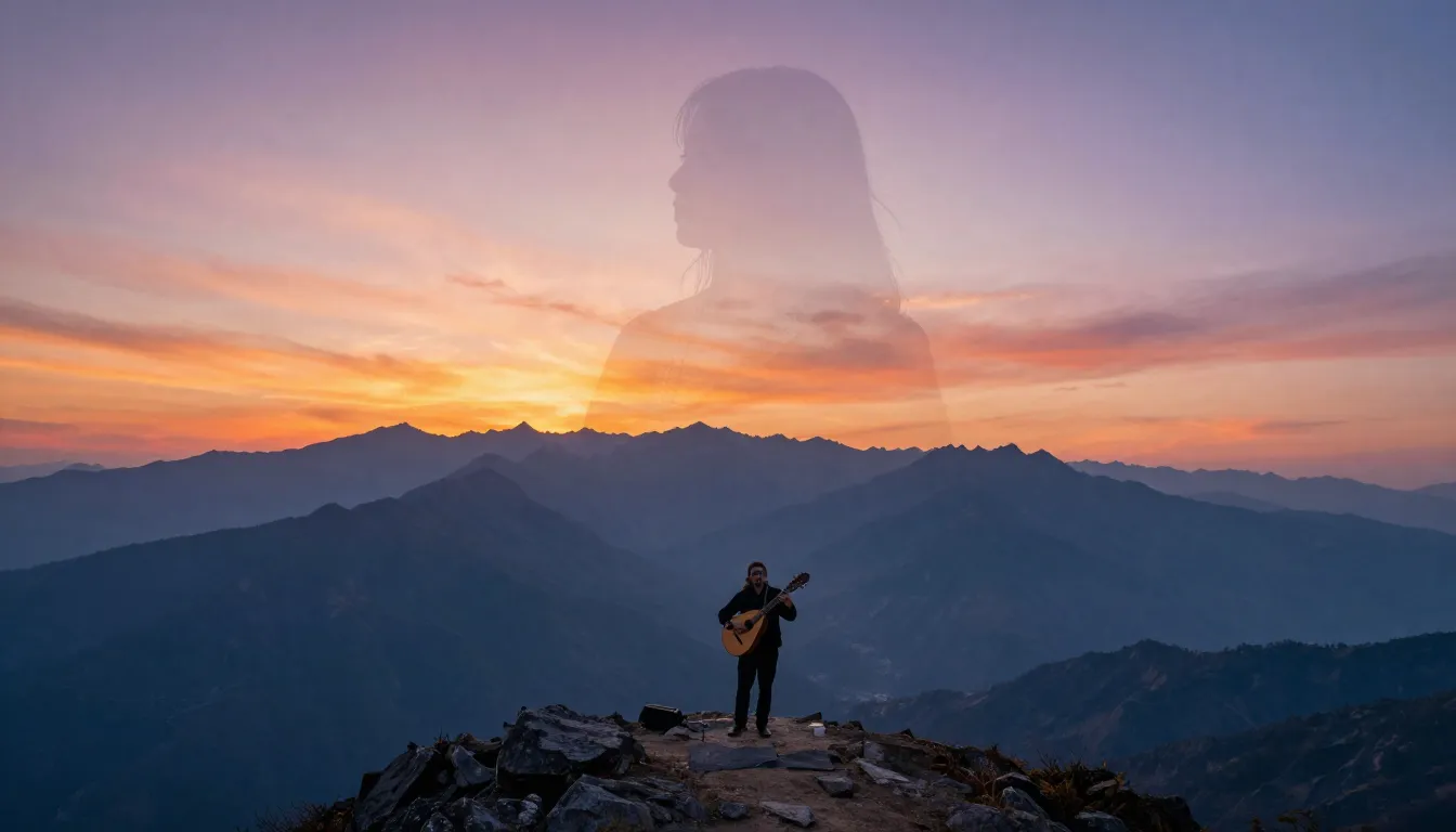 A majestic mountain landscape at dawn. A faint, translucent ...