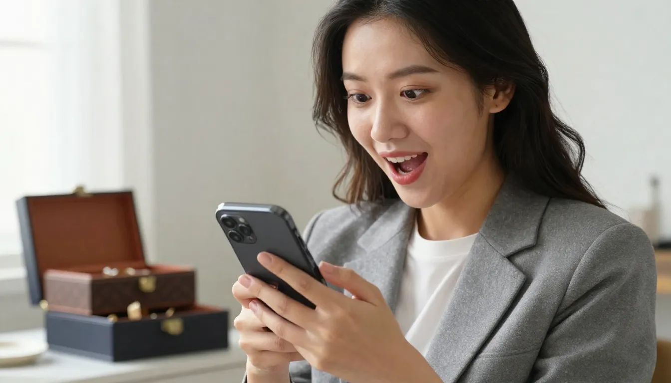 A stylish woman looking at her smartphone with a surprised a...