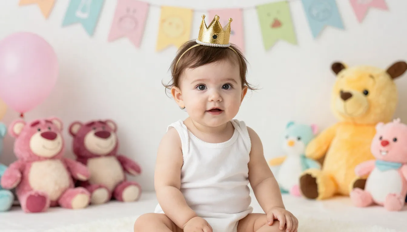 A beautiful one-year-old baby girl with a tiny golden crown ...