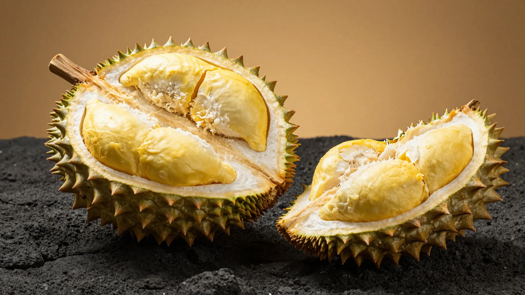 A whole premium durian and a cut piece showing golden yellow...