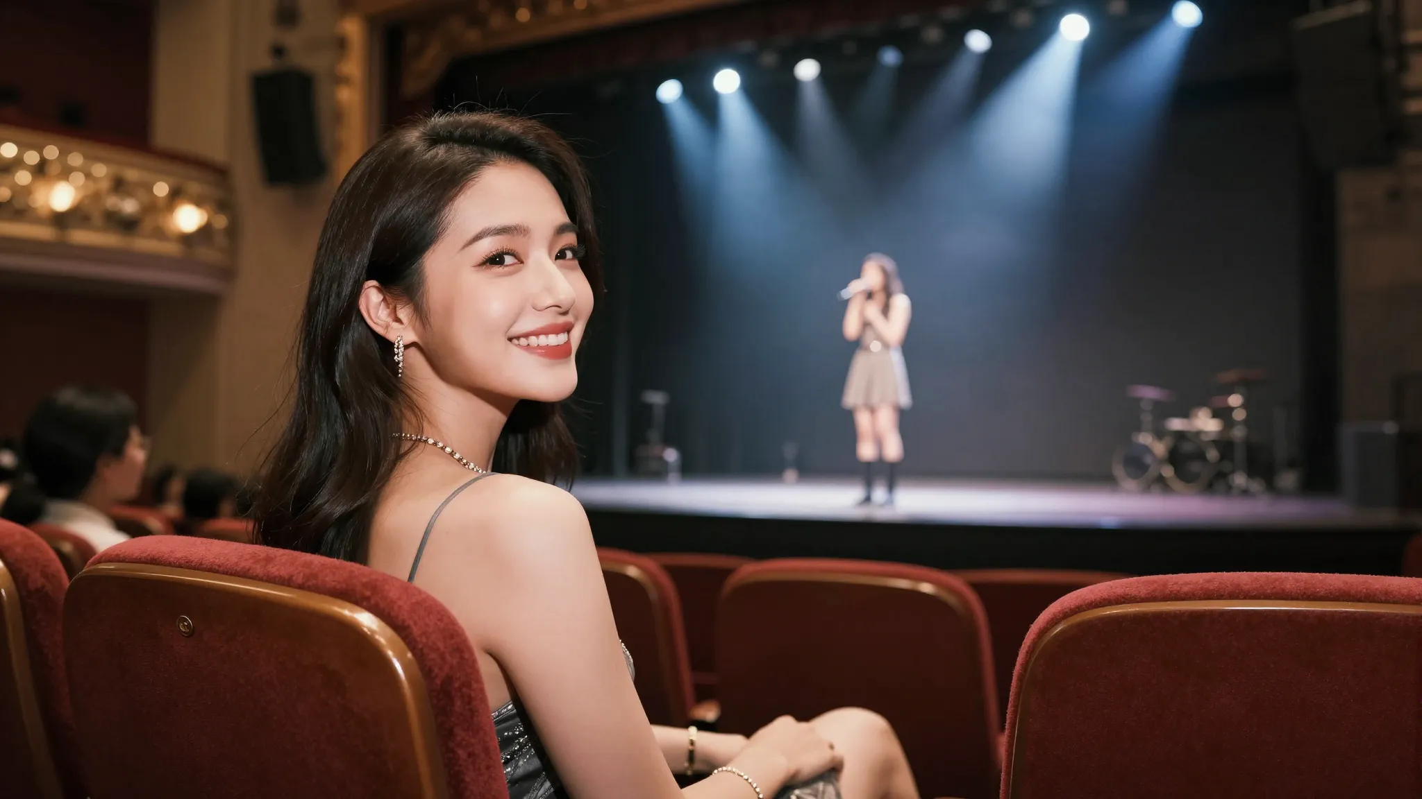 An elegant woman with a proud smile sitting in a VIP concert...