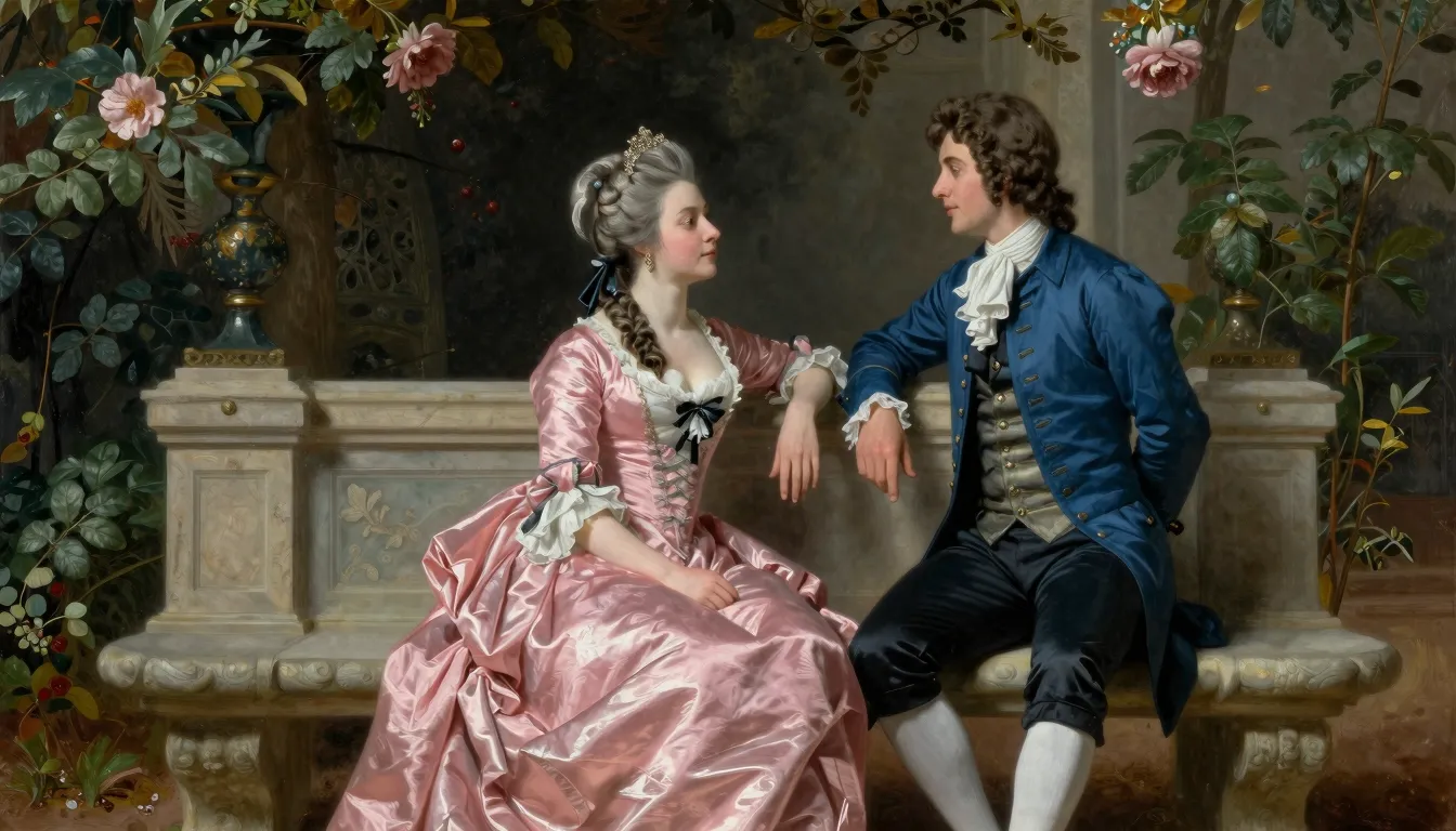 17th century French garden, a noble lady in a pink silk dres...