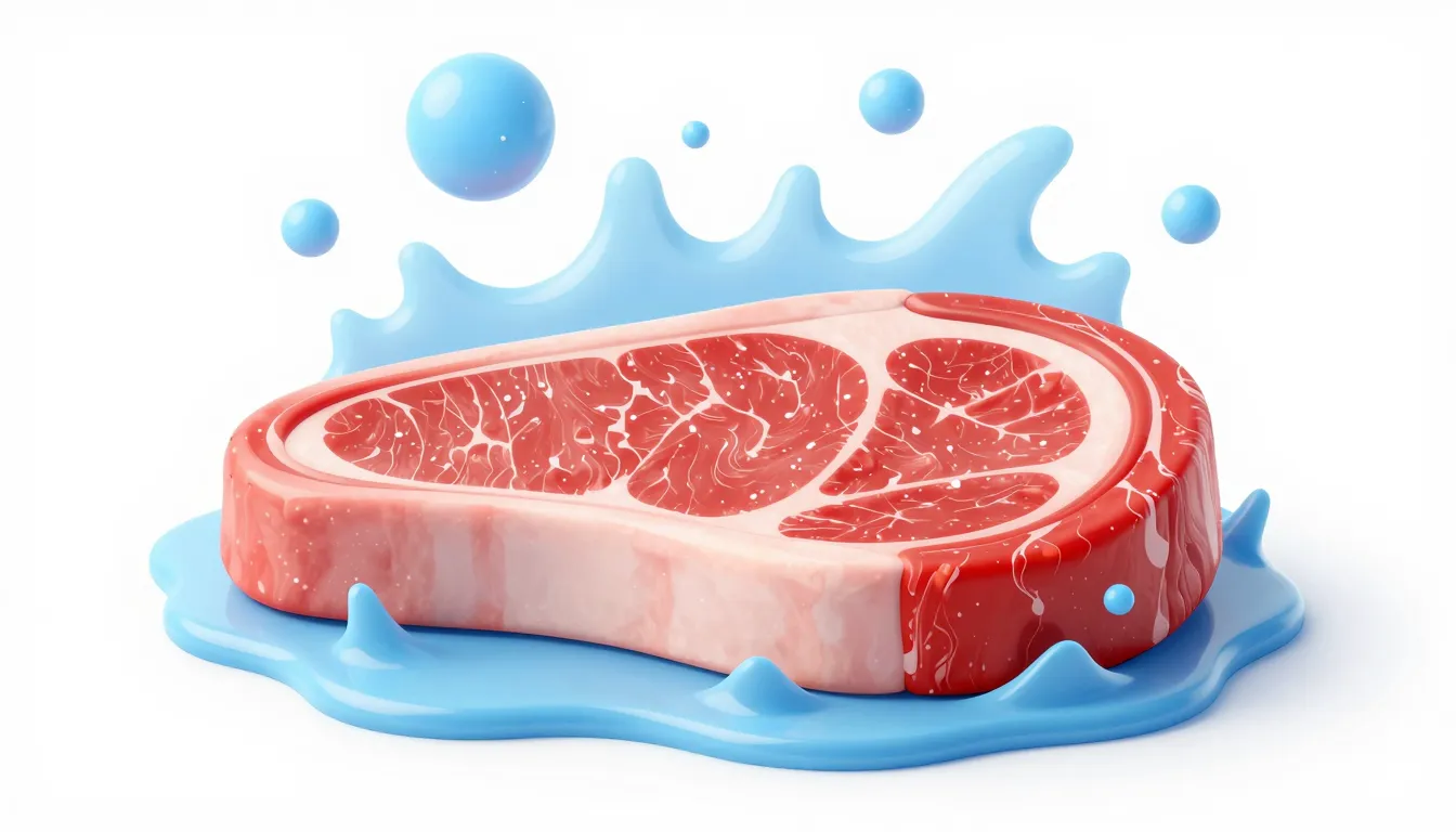 A conceptual 3D render of a red meat steak dissolving into l...