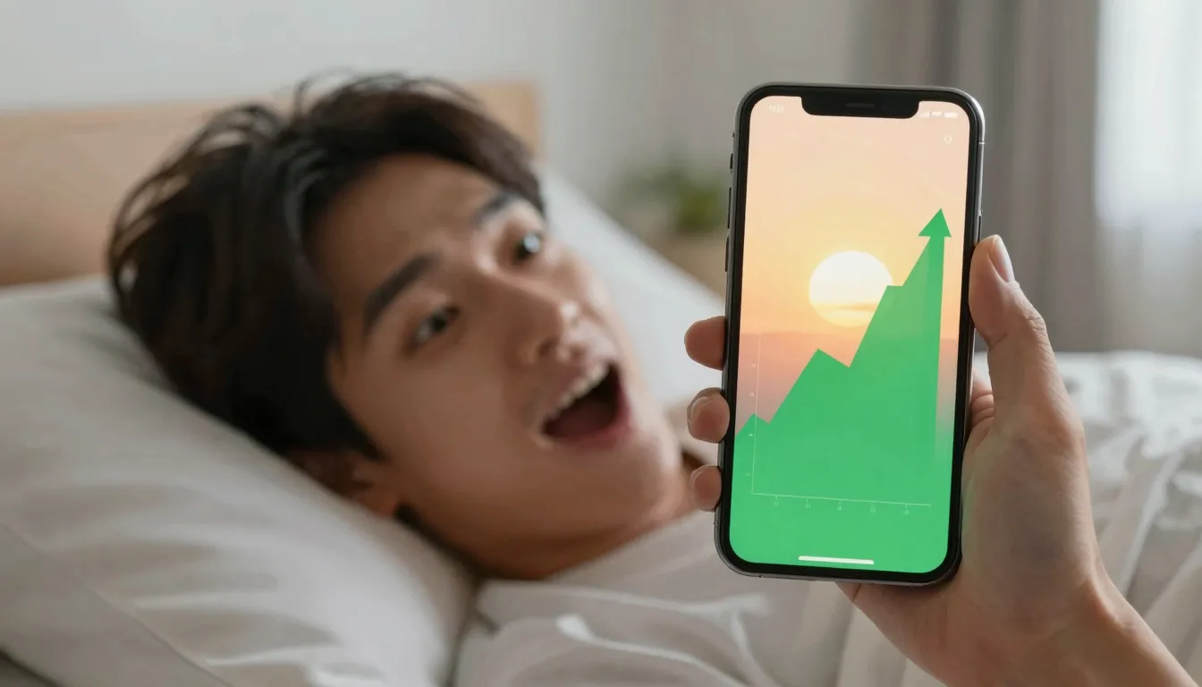 A person waking up and looking at a smartphone screen with a...