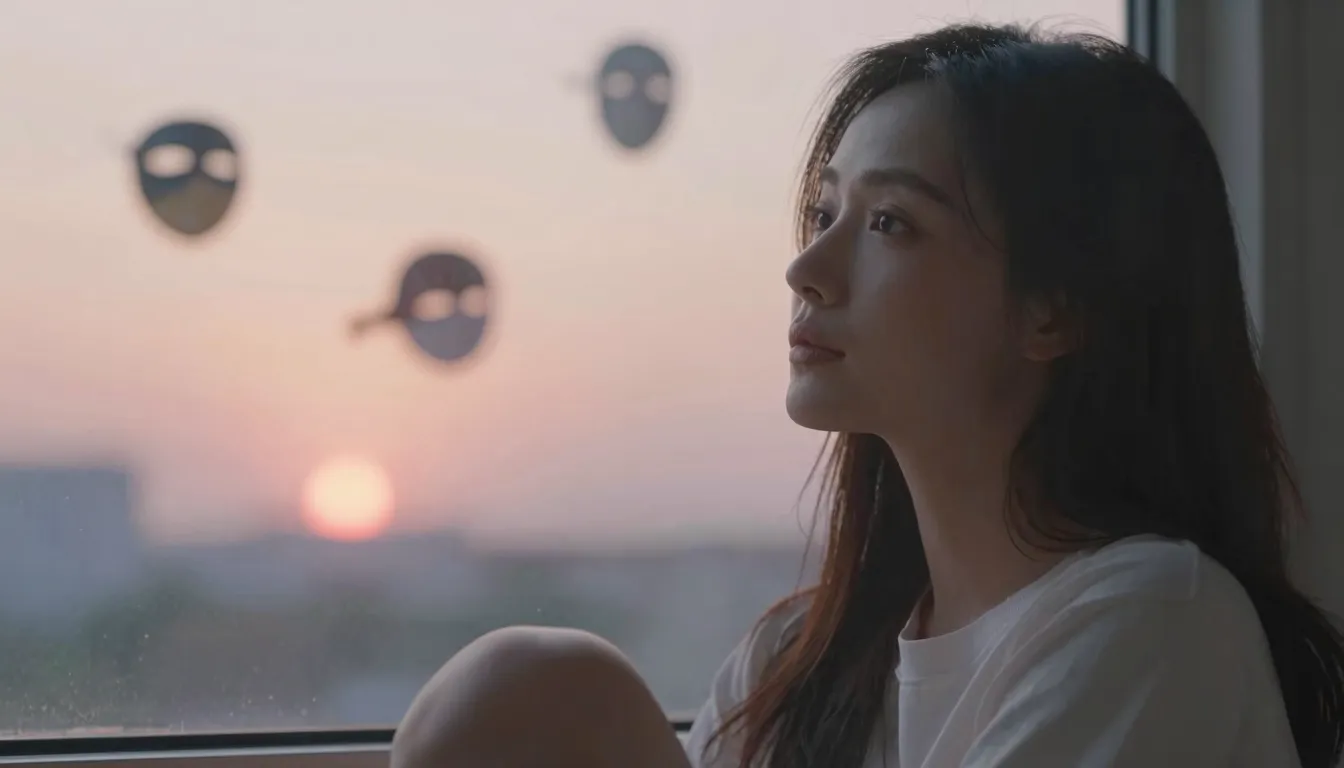 A serene woman sitting by a window during a soft sunset, loo...