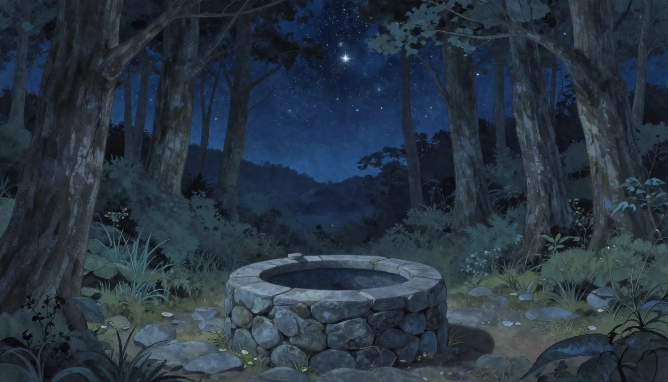 Artistic illustration of a deep stone well in a forest, a st...