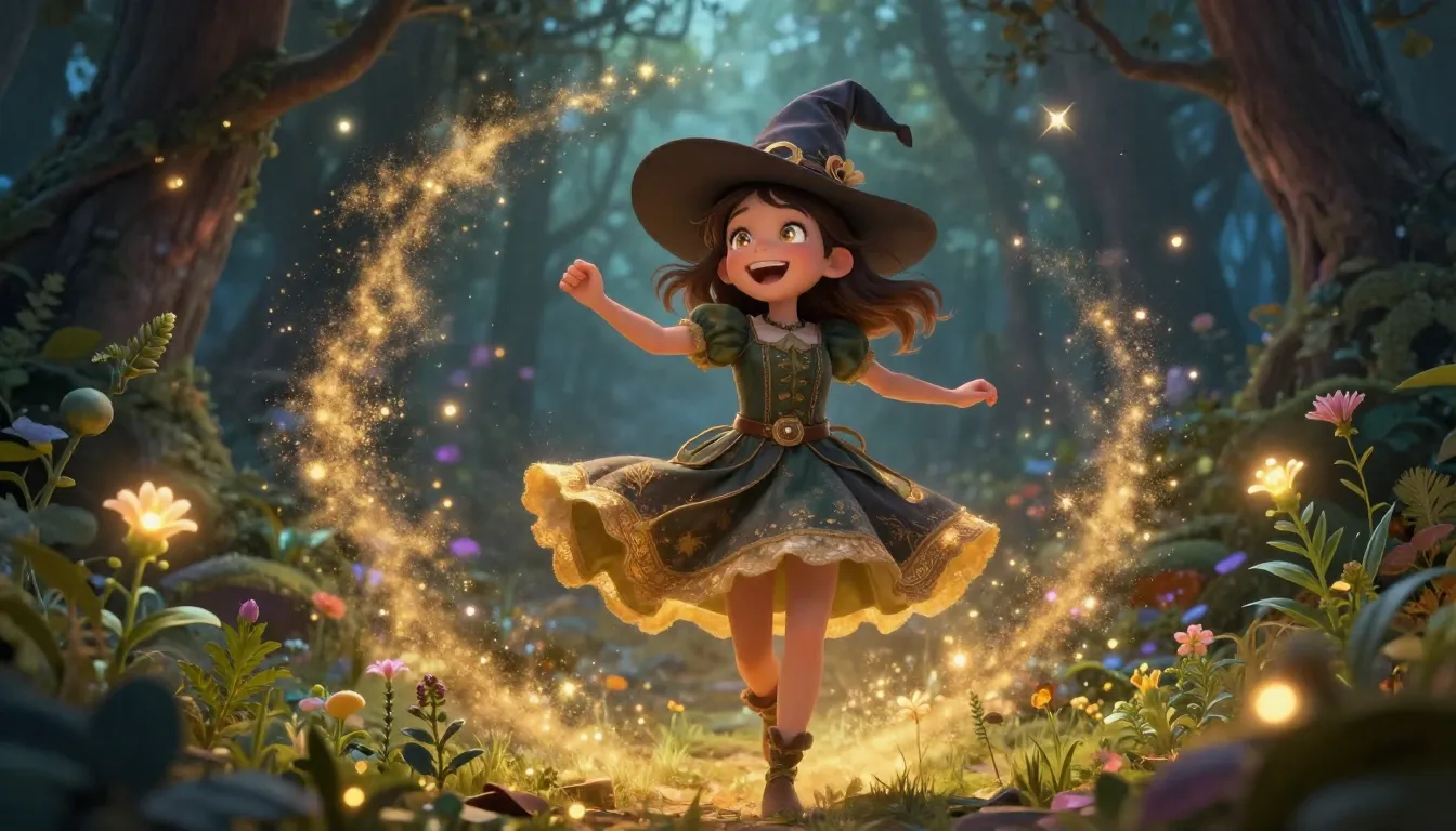 A vibrant and energetic young witch, with a wide, joyful smi...