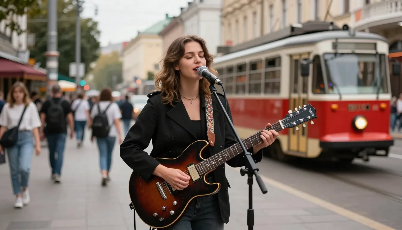 A professional photo of a young woman playing a sleek electr...