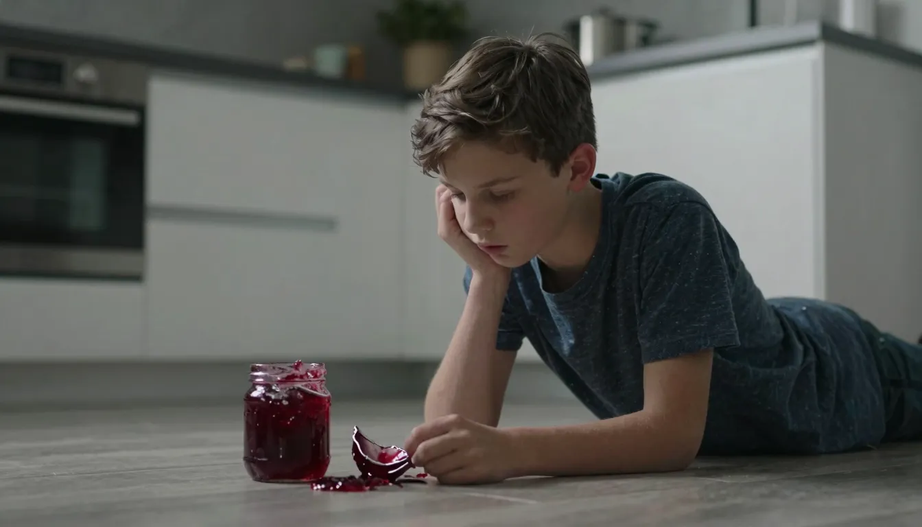 A 14-year-old boy looking at a broken jar of red jam on a mo...