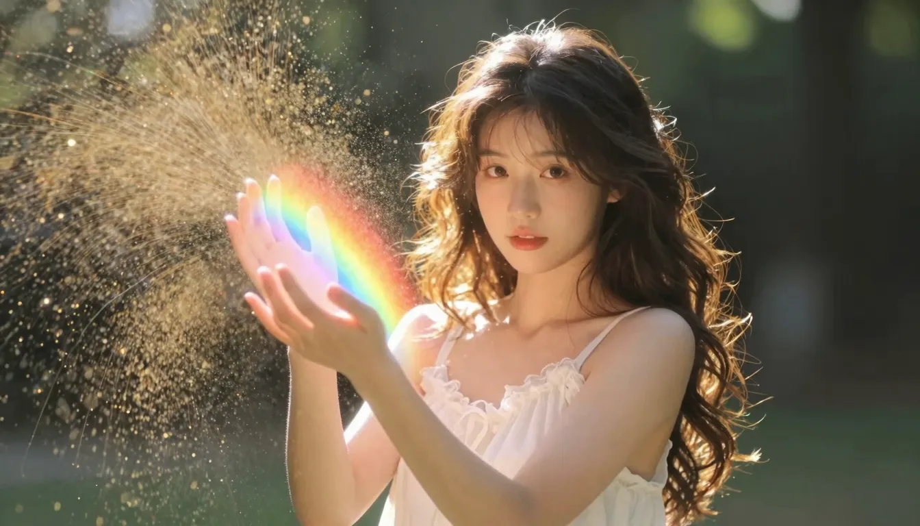 A beautiful young woman in rays of divine sunlight, holding ...