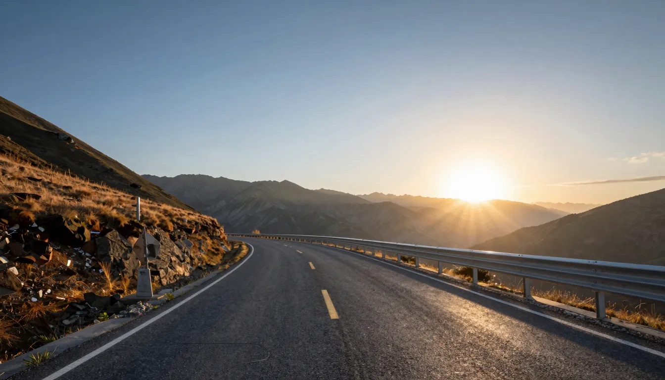 A serene landscape of a winding road leading towards a sunri...