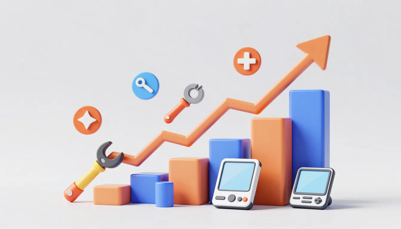 A graph showing rising sales arrows mixed with icons of tool...
