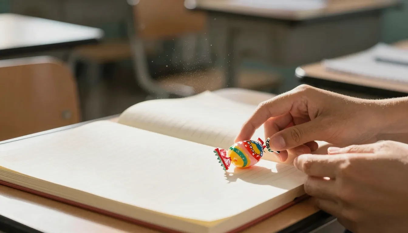 A close-up of a school desk with an open notebook, two hands...