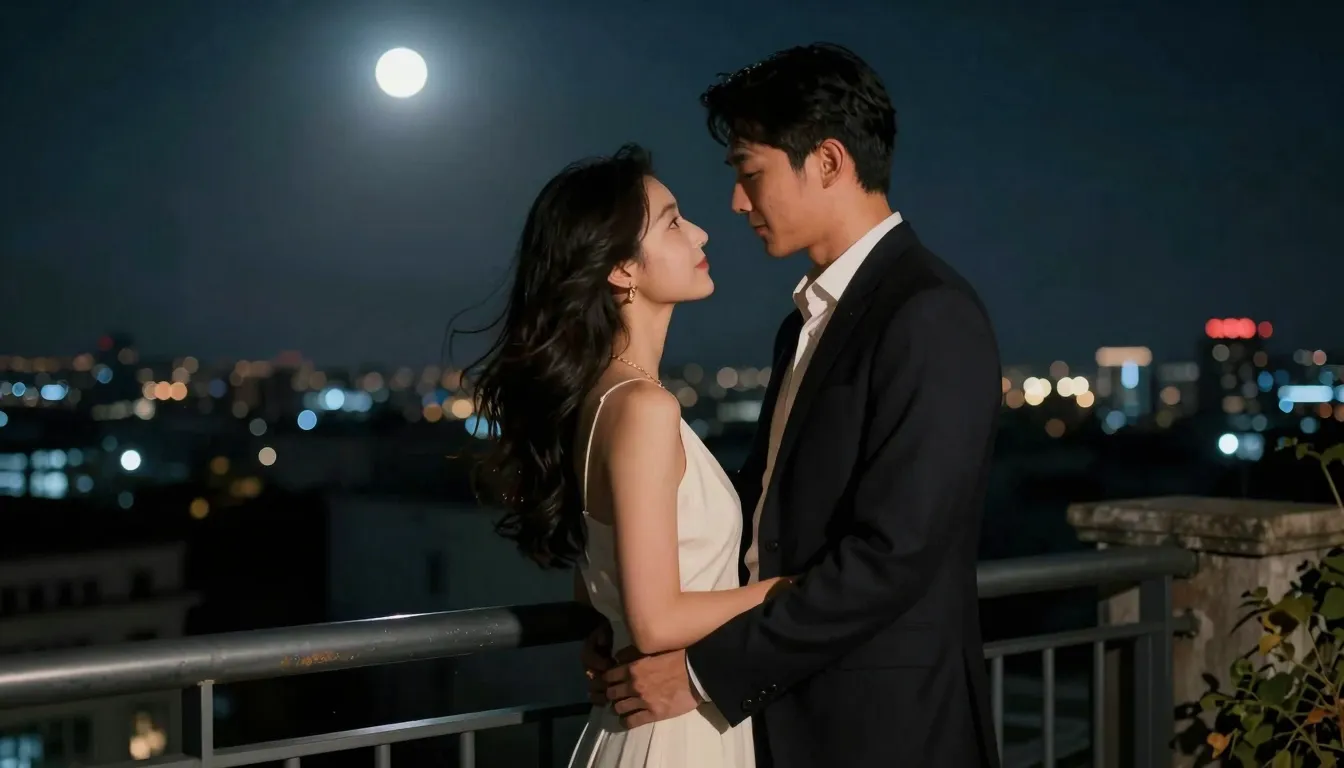 A romantic scene of a couple standing on a balcony at night,...