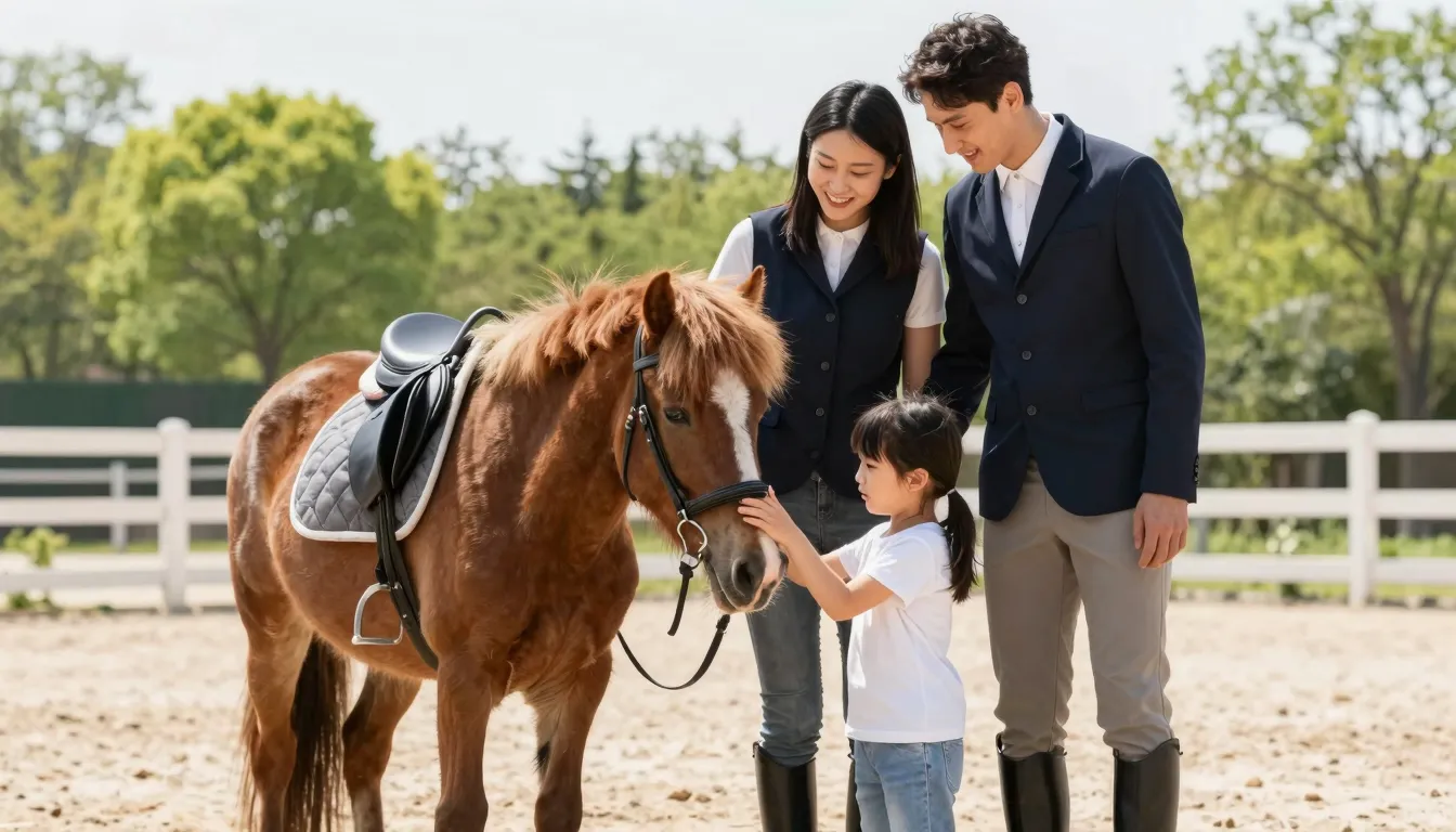 A happy family with a child petting a pony at a professional...