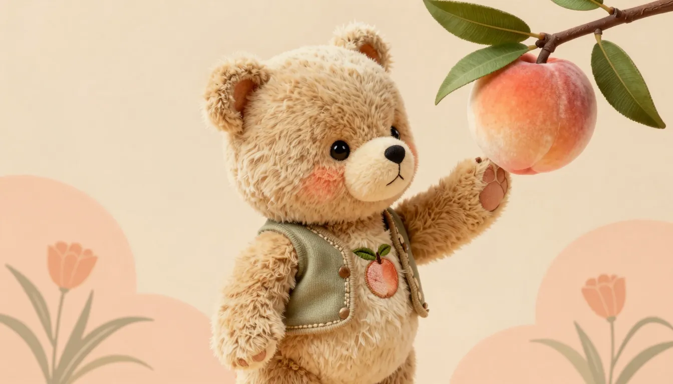 The same charming, vintage-style plush bear mascot, shown fr...
