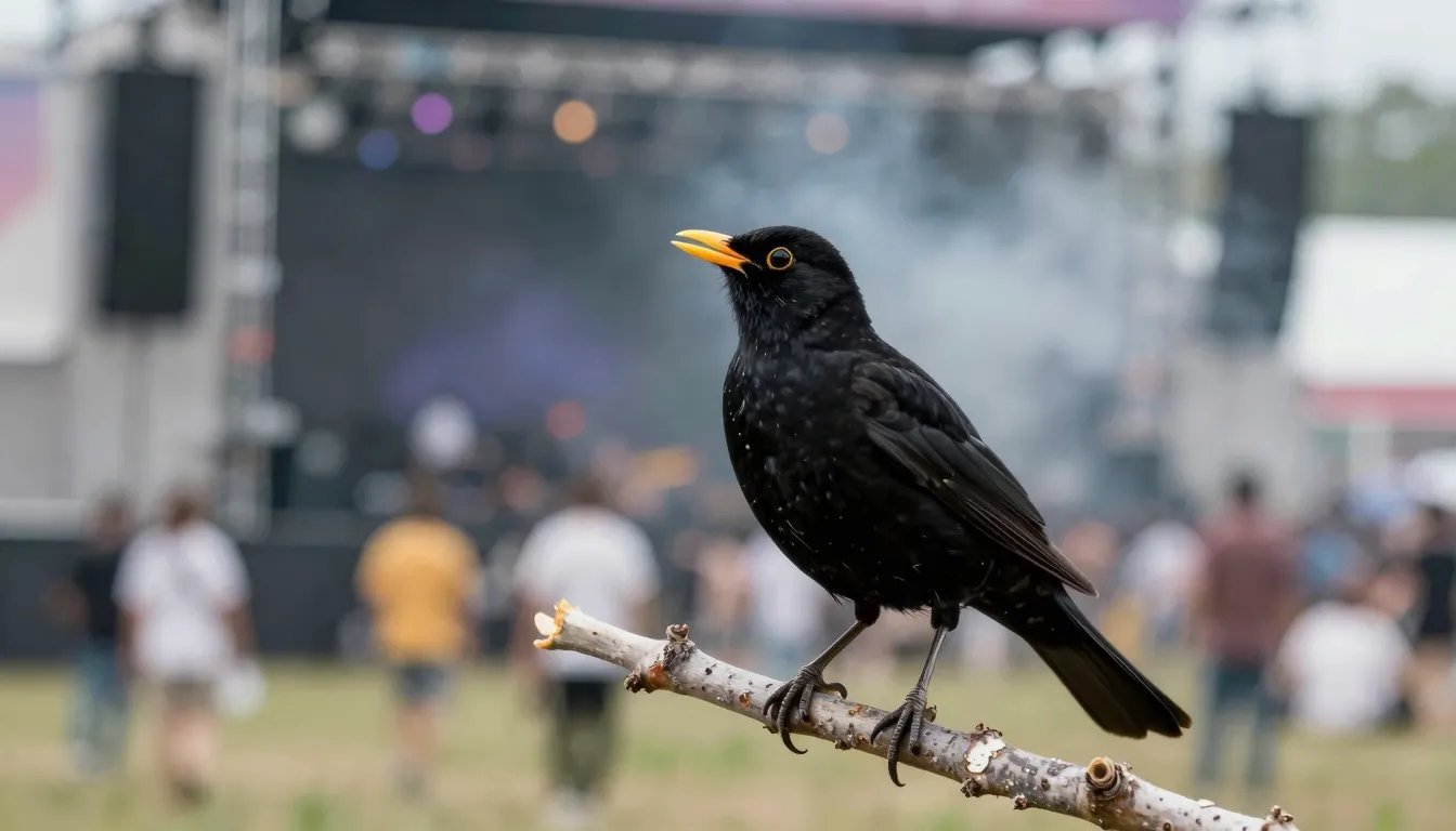 A blackbird singing on a branch, in the background a blurry ...