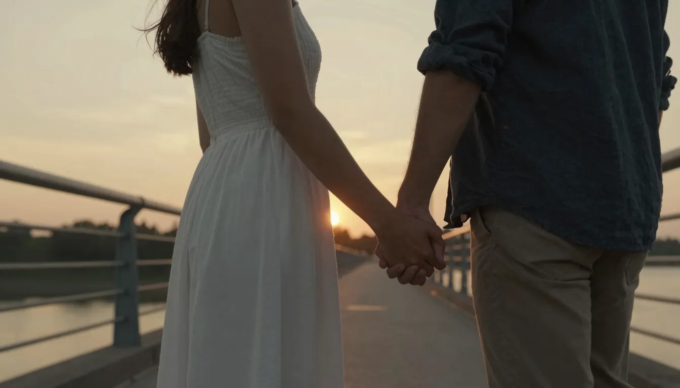 A romantic couple holding hands tightly, standing on a bridg...