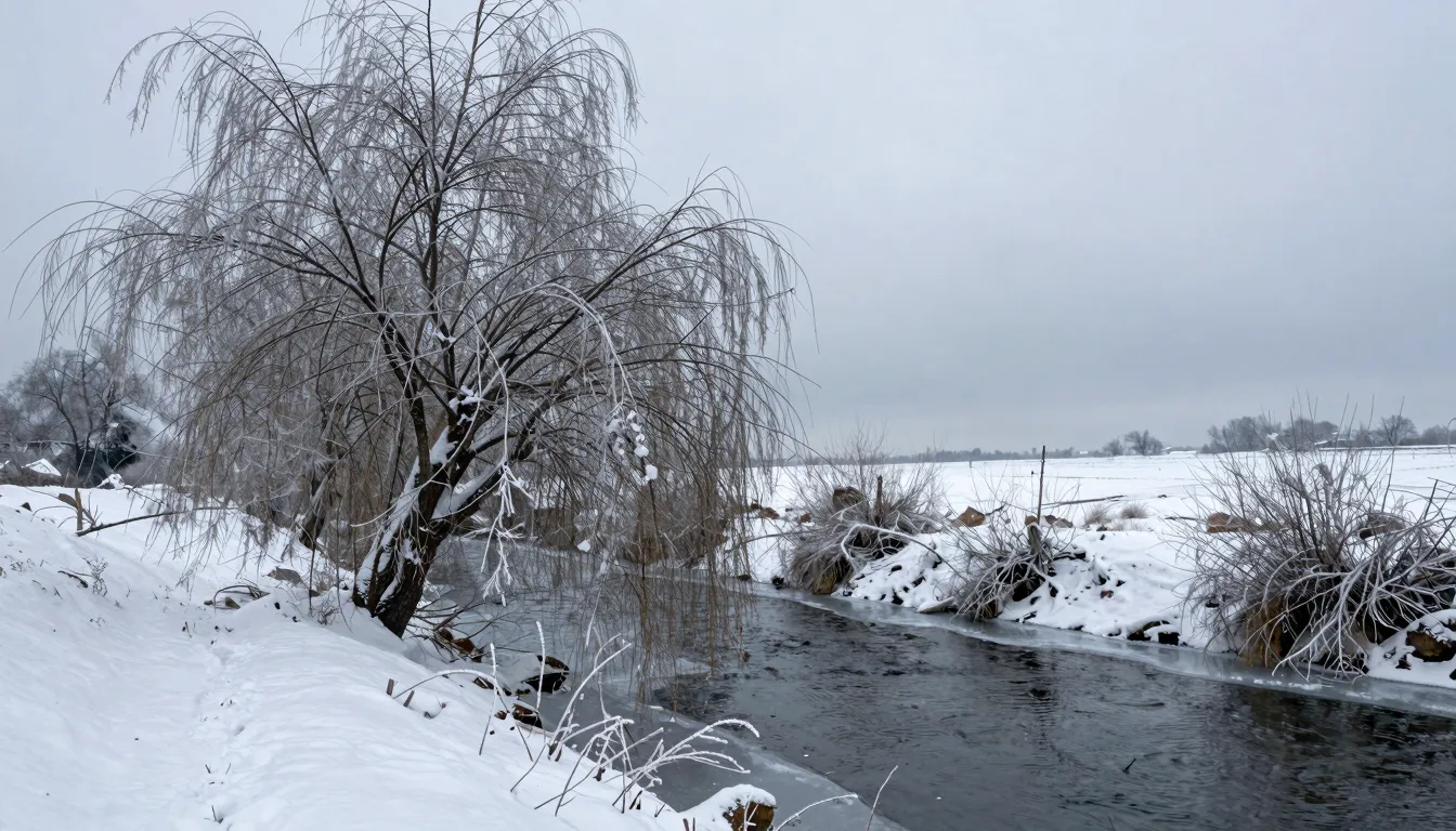 Winter scene of a bare weeping willow by a partially frozen ...