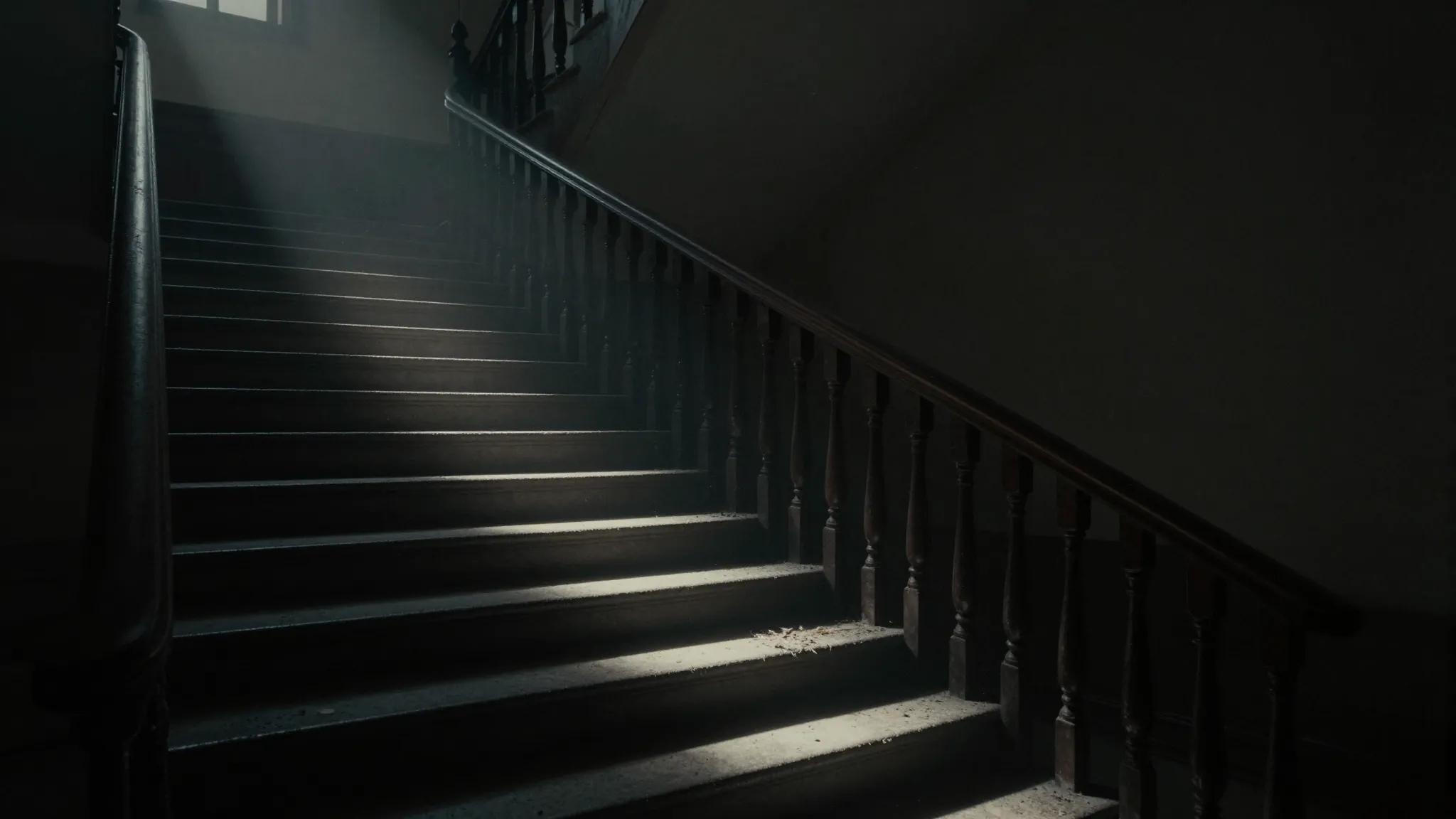A melancholic and poetic shot of a dark, empty stairwell in ...