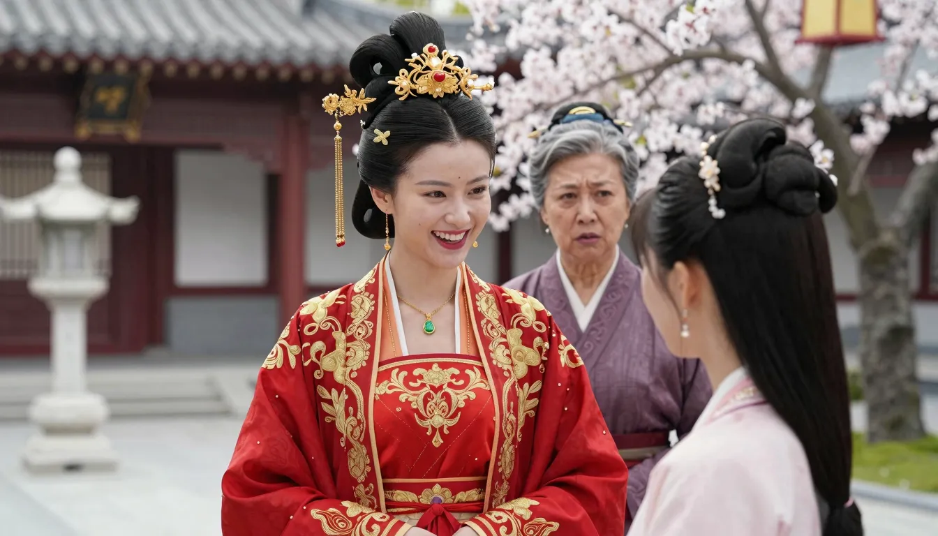 A cunning Chinese princess in a red and gold royal hanfu smi...