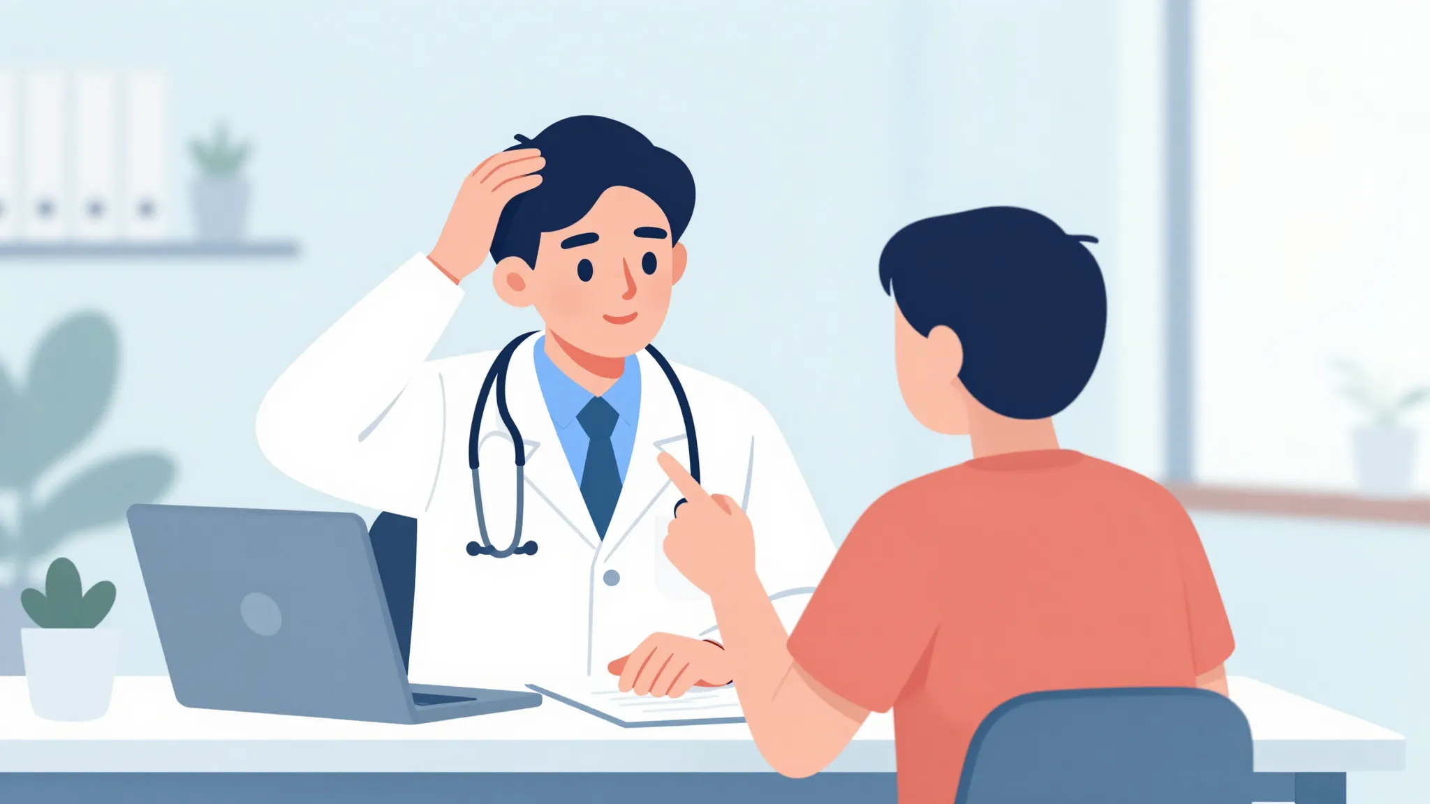 A minimalist digital illustration of a doctor scratching his...