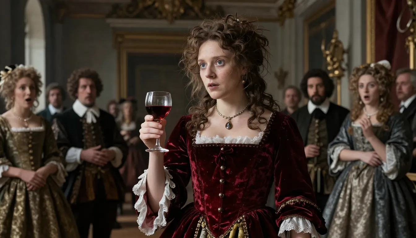 16th century French ballroom, a disheveled noblewoman in a d...