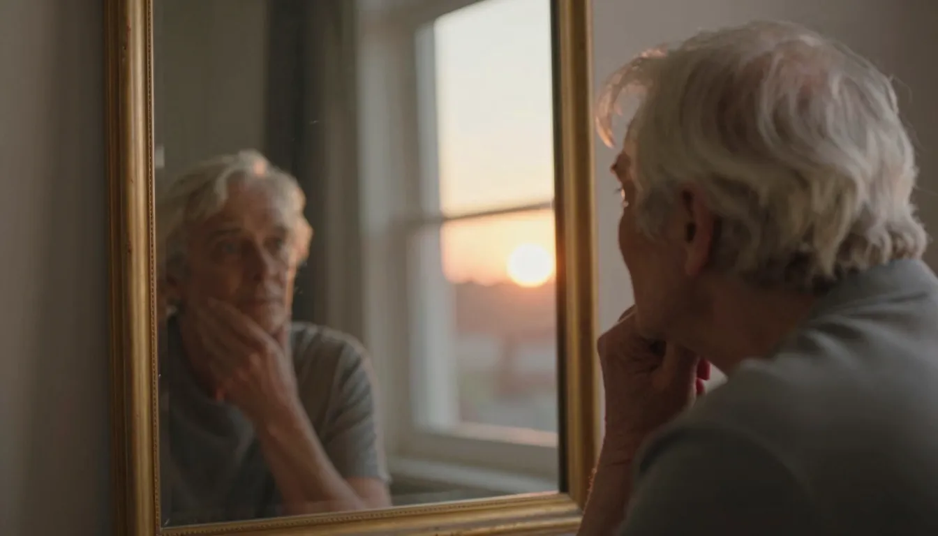 A thoughtful elderly person looking in a mirror, seeing a fa...