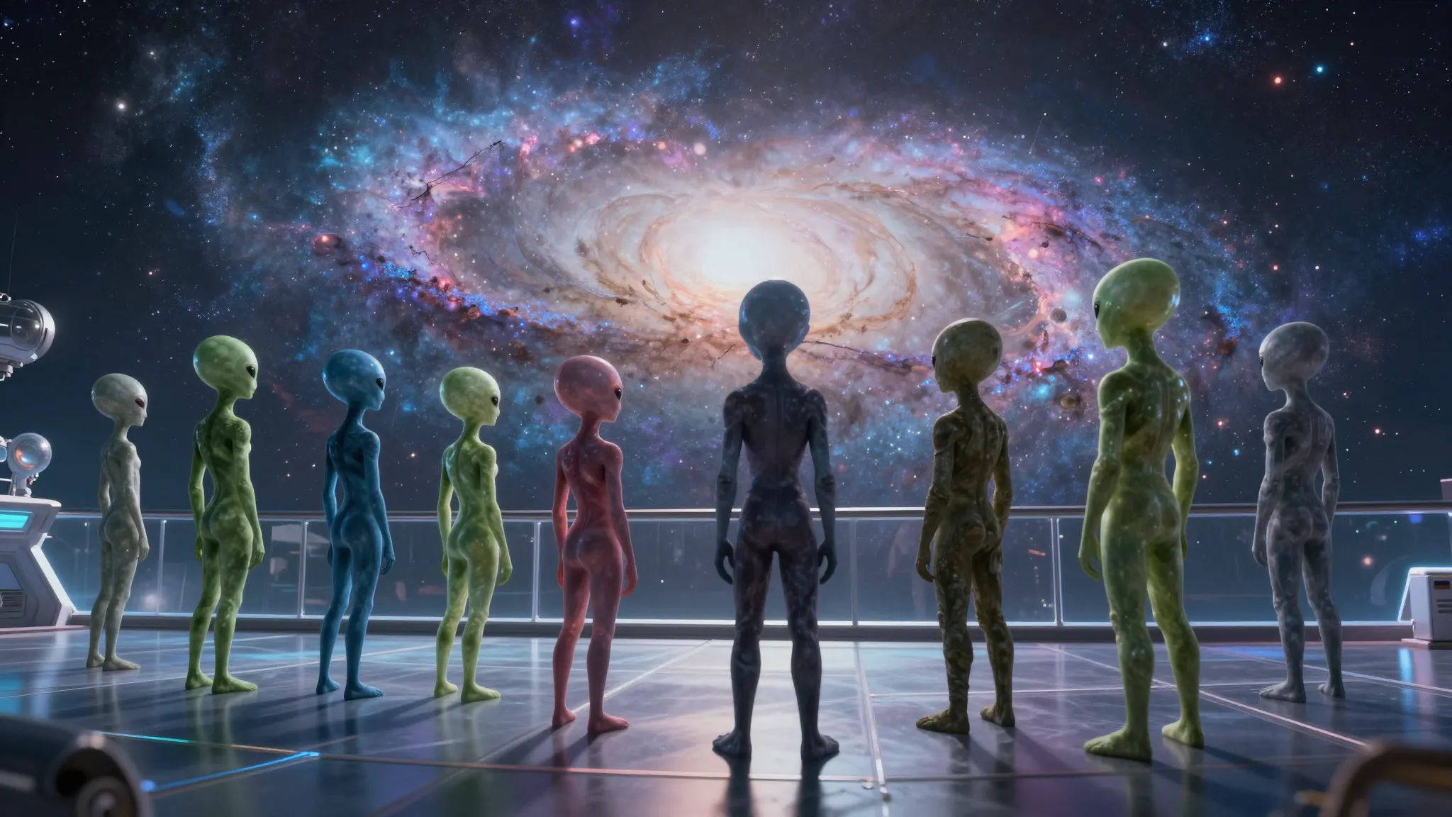 A group of diverse alien beings standing on a transparent ob...