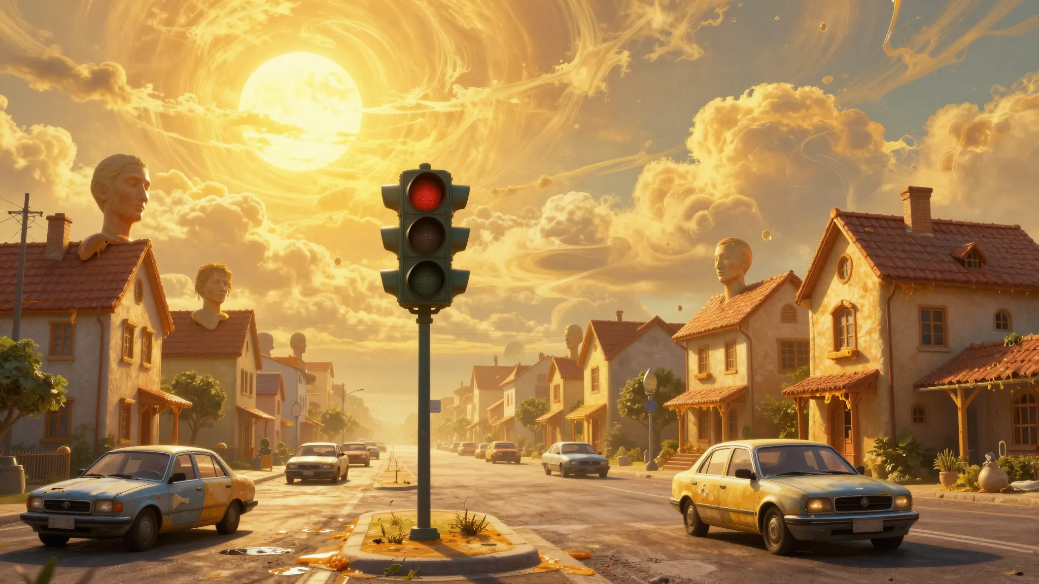 A wide shot of a surreal city under a boiling golden sun. Th...