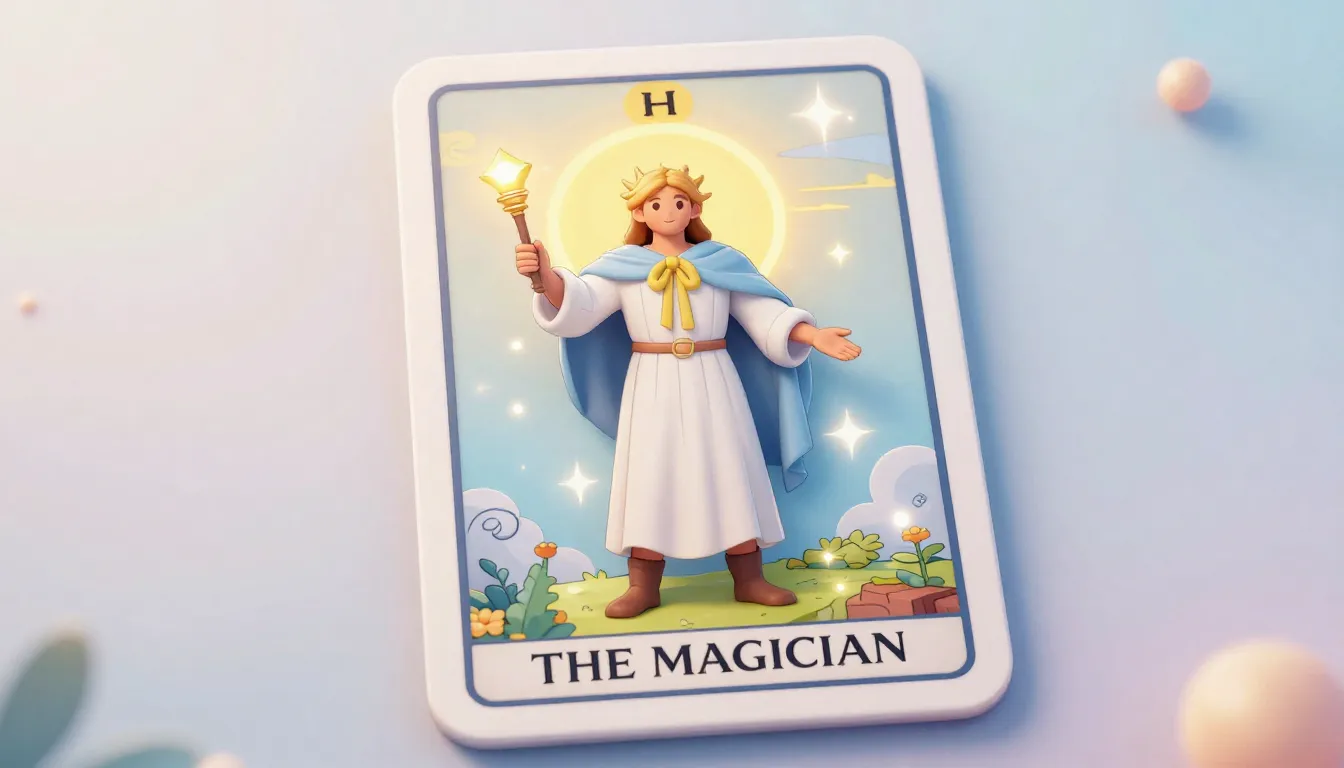 Detailed 3D Tarot card 'THE MAGICIAN', rounded corners, bord...