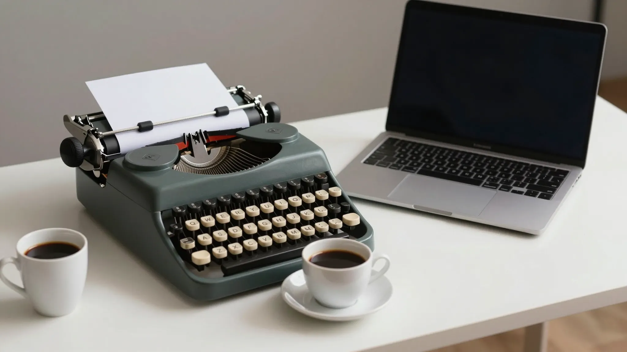 A professional writer's workspace with a vintage typewriter,...