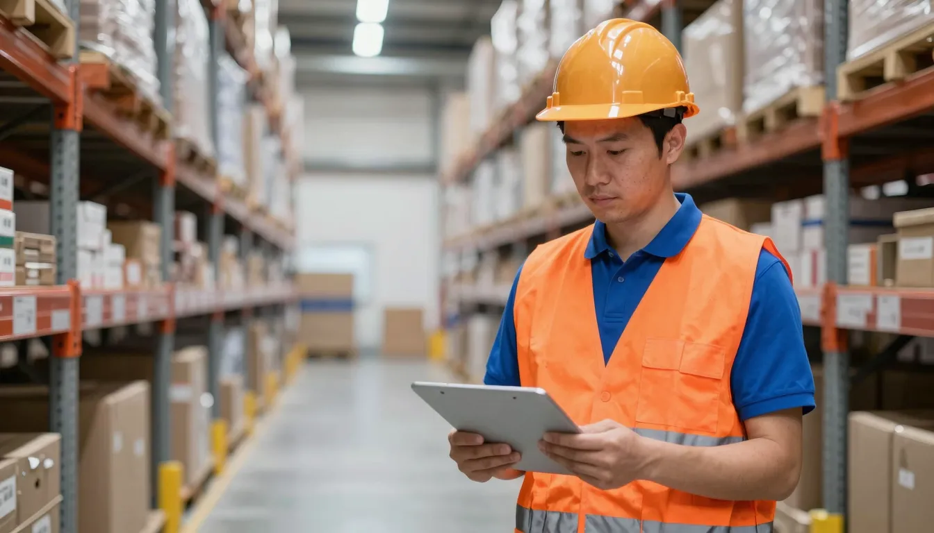 Professional warehouse worker in a bright orange or blue ves...