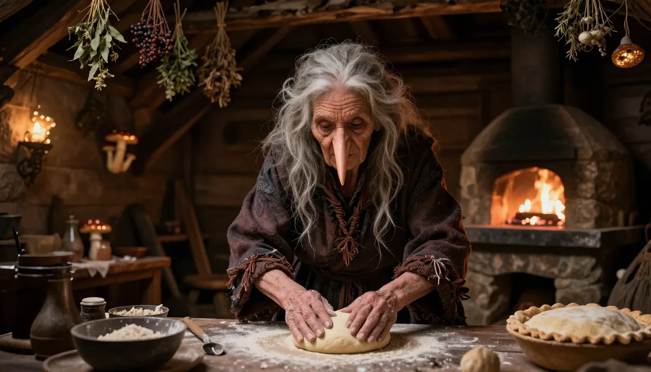 A detailed cinematic illustration of Baba Yaga, an elderly S...