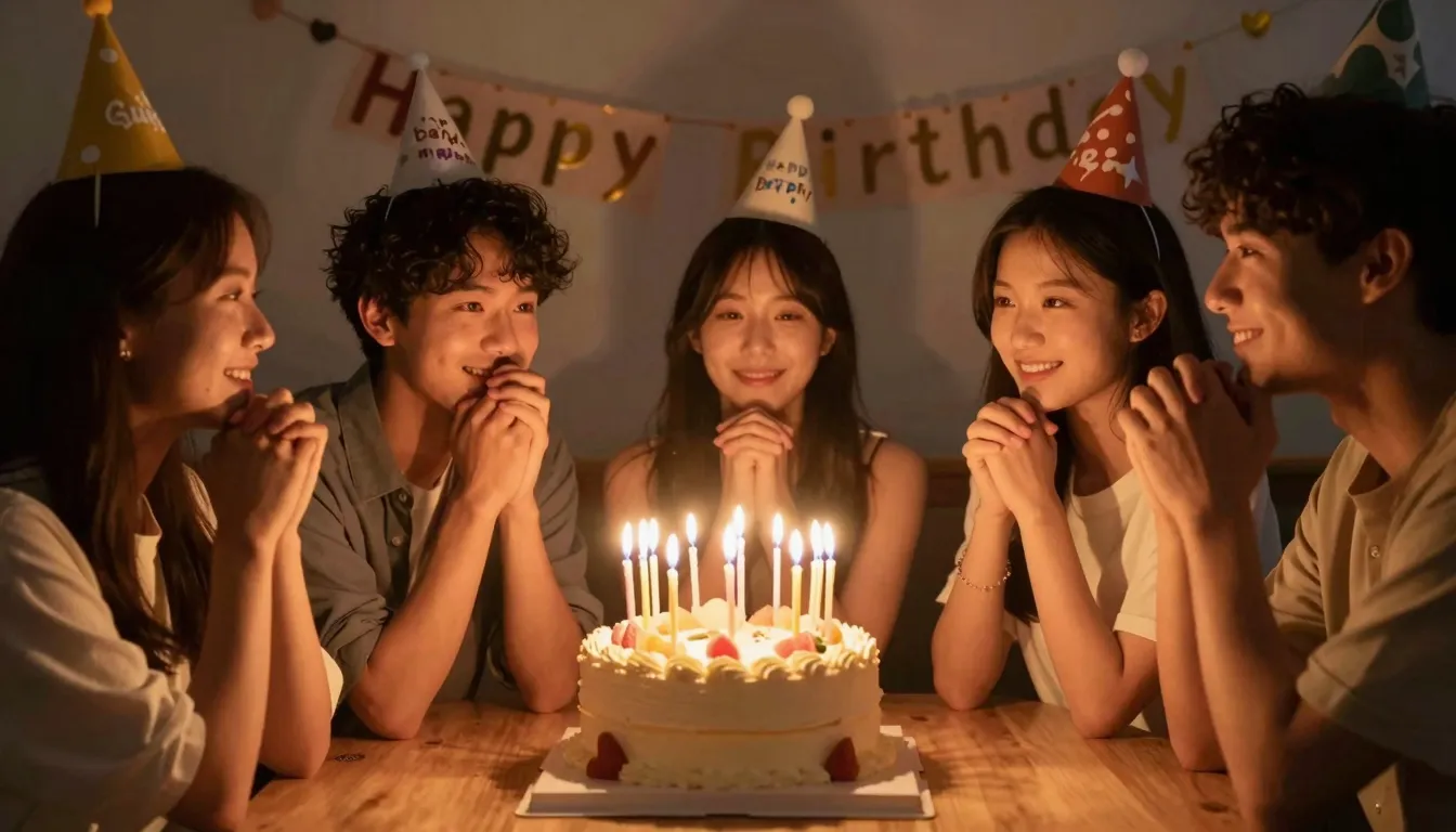 A warm, celebratory atmosphere with a group of friends, a ca...