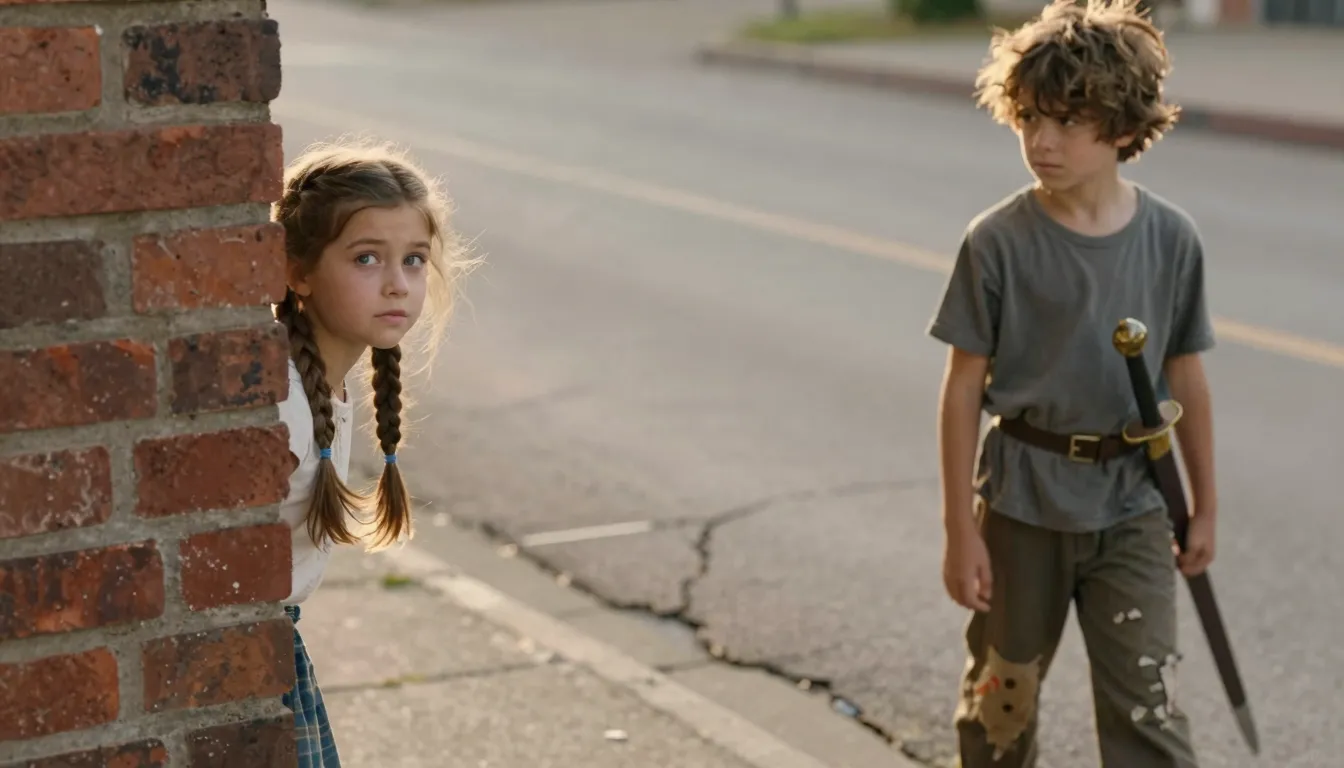 A young girl with braided hair and expressive eyes peeking f...