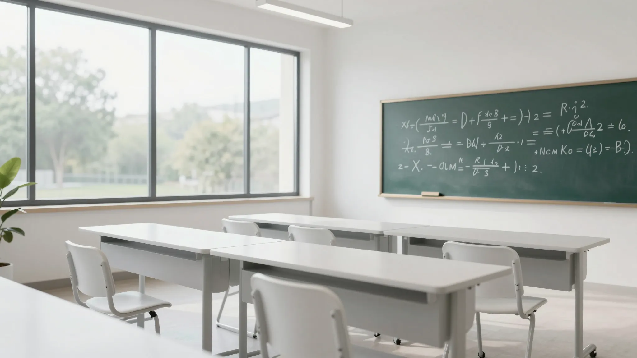 A bright and modern classroom interior with a large window, ...