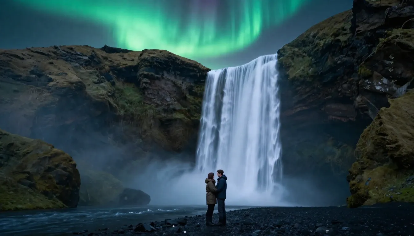 A couple in love standing in front of a massive glowing wate...