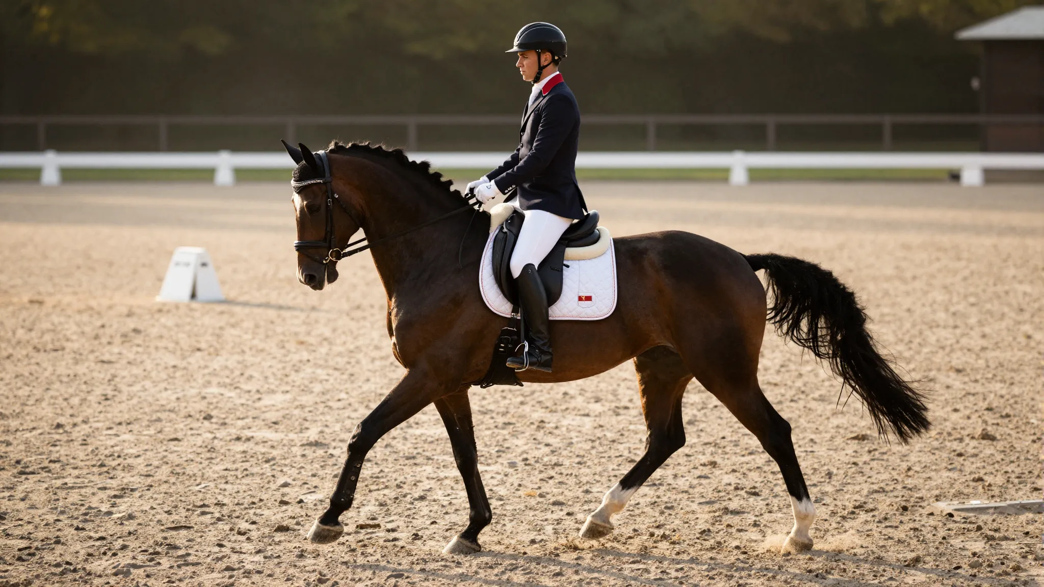 A professional rider on a dark horse performing dressage mov...