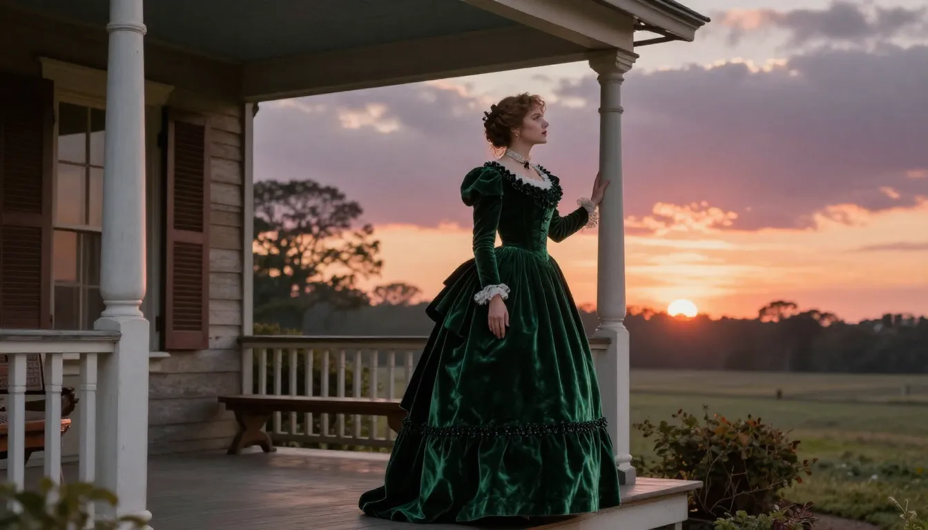 A beautiful woman in a voluminous green velvet 1860s dress s...