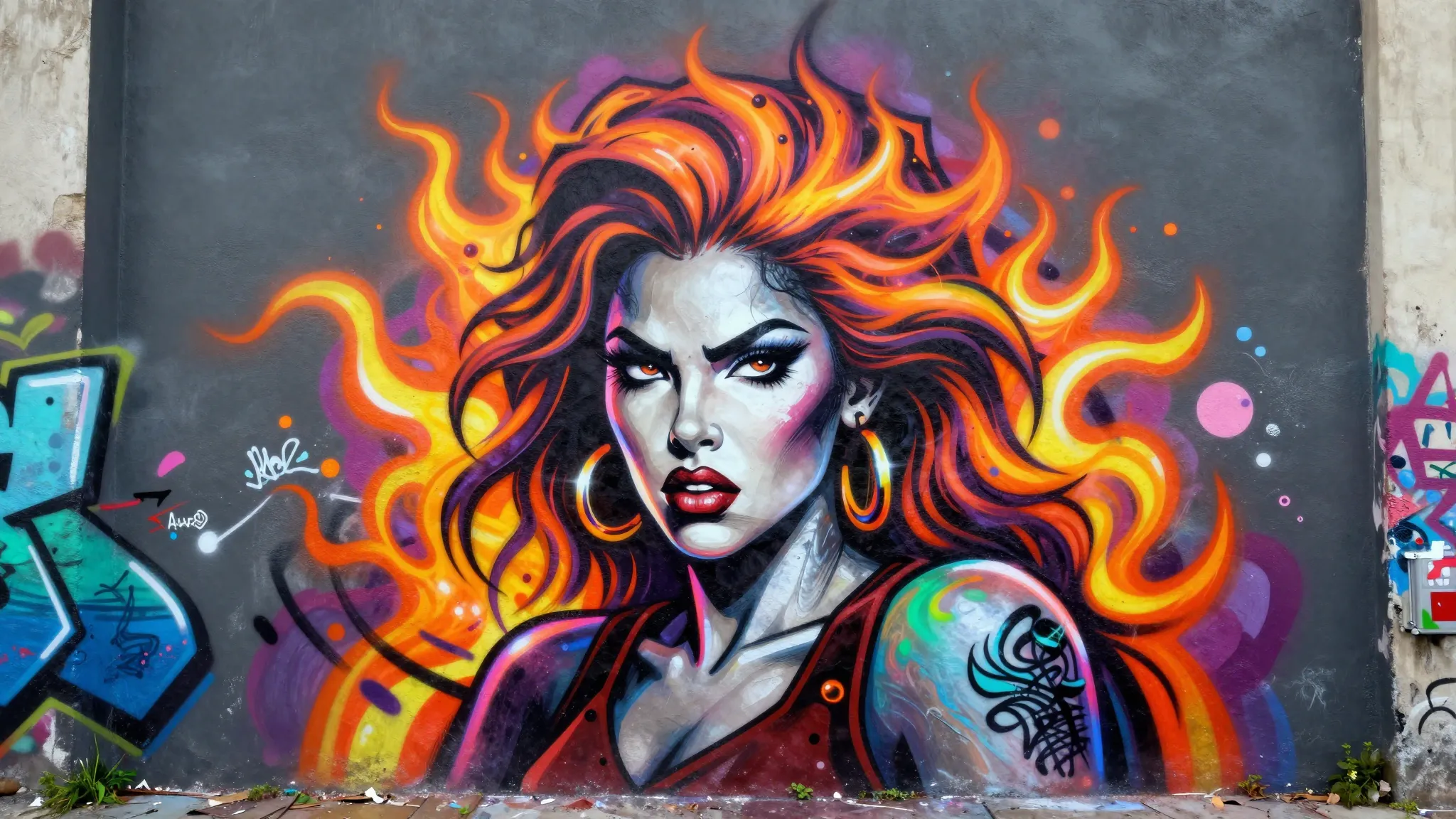 A dramatic street art graffiti of a fierce woman with flamin...