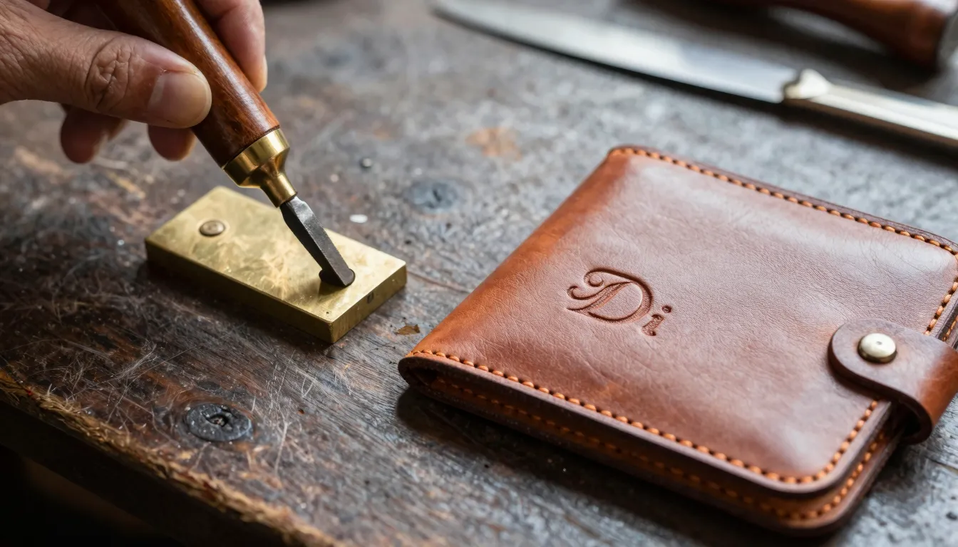 Close-up of a leather artisan's workbench with a brass brand...