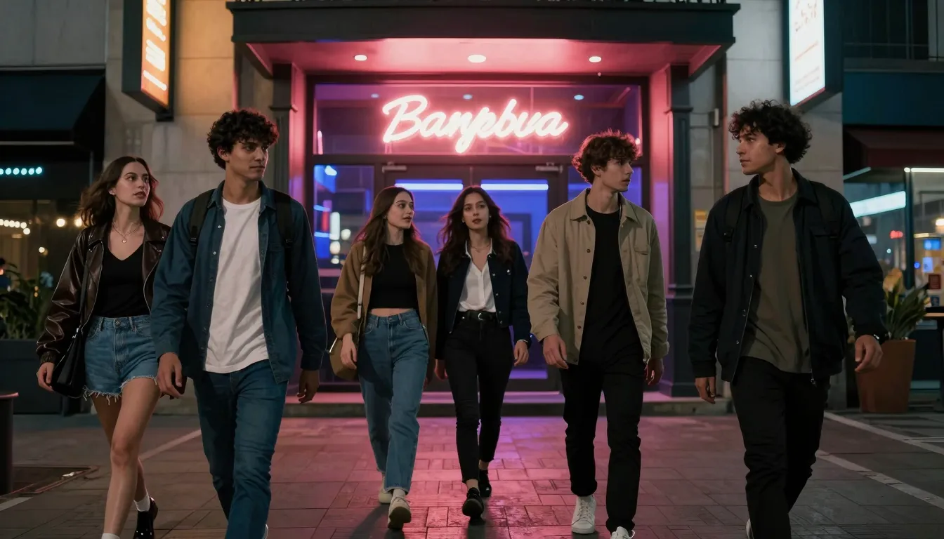 A stylish group of friends walking towards a glowing club en...