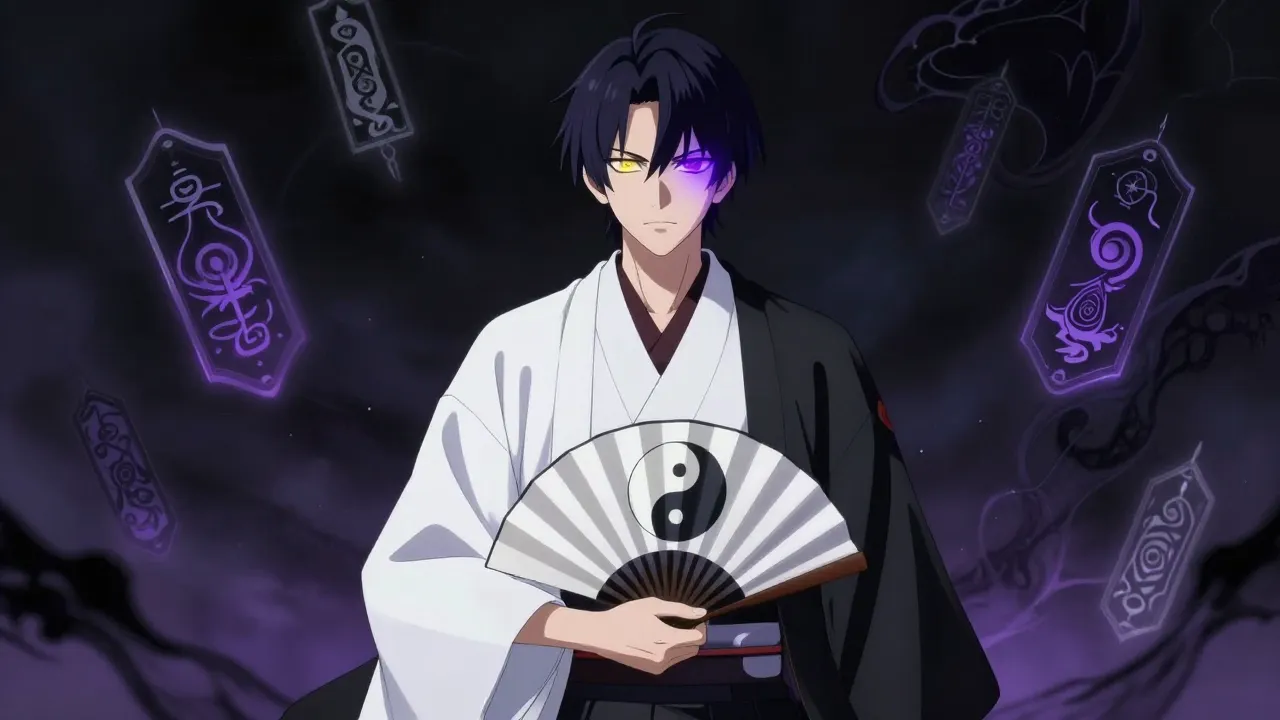 A stunningly handsome Japanese Onmyoji standing between ligh...
