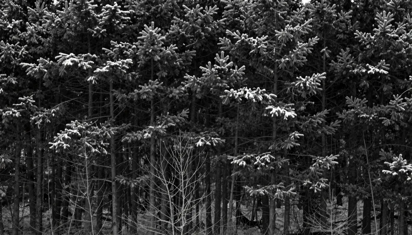 Minimalist black and white photography of a snowy dark fores...