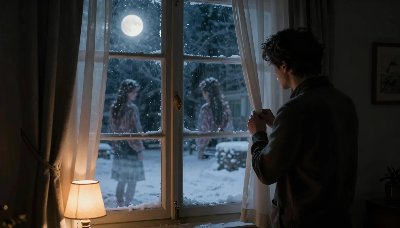 A man in a dark, cozy room at night, pulling back the curtai...