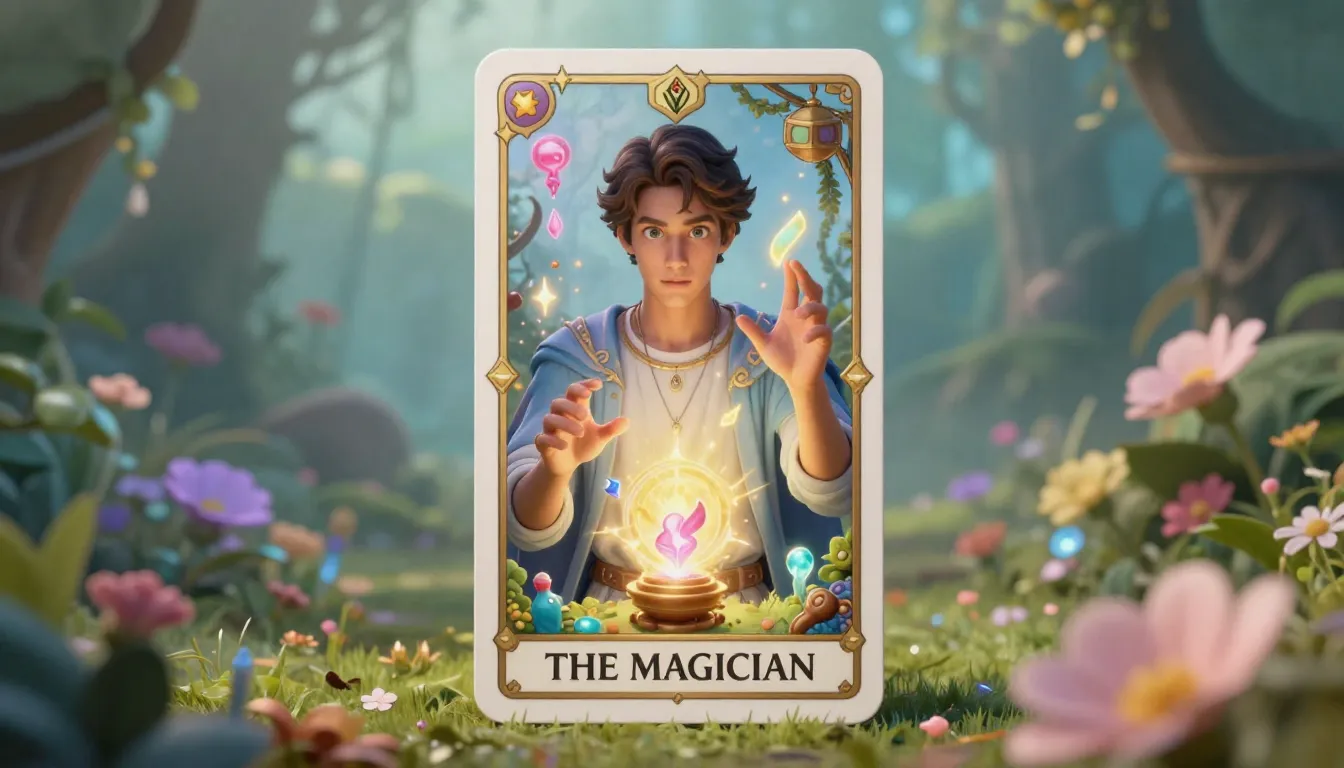 A stunning 3D fantasy tarot card titled 'THE MAGICIAN'. A re...